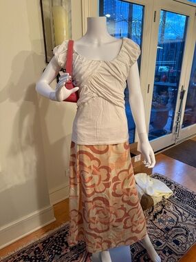 Cream and Coral Floral Midi Skirt - Women's Casual A-Line